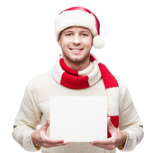 Casual ung i santa hatt hoding tecken — Stockfoto