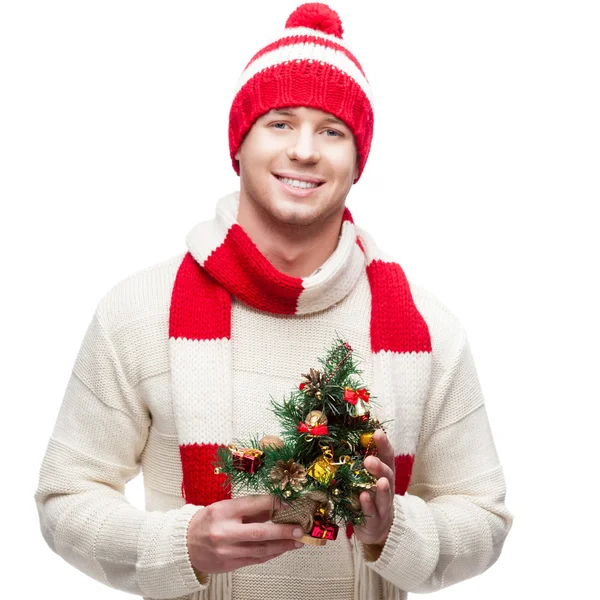 Young casual man in winter hat hoding christmas tree — Stock fotografie