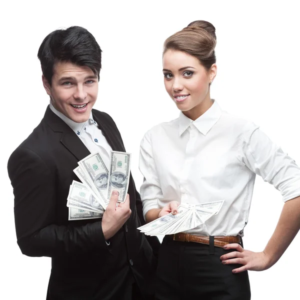 Jovens empresários felizes segurando dinheiro — Fotografia de Stock