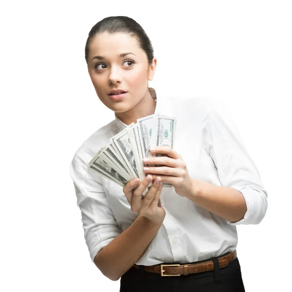 Thoughtful businesswoman holding money — Stock Photo, Image