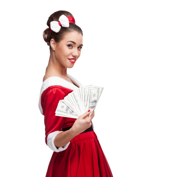 Retro genç kadın holding para — Stok fotoğraf