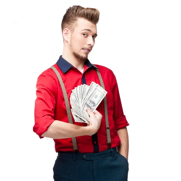 Jovem retro homem segurando dinheiro — Fotografia de Stock