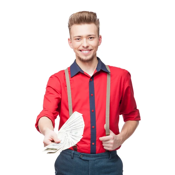 Young retro man holding money — Stock Photo, Image