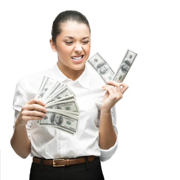 Thoughtful businesswoman holding money — Stock Photo, Image