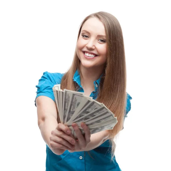 Businesswoman holding money — Stock Photo, Image