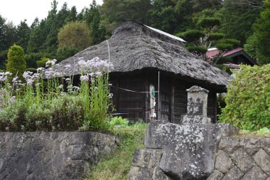  Japon kırsalında bugünlerde nadiren görülen sazdan çatılı bir kulübe..