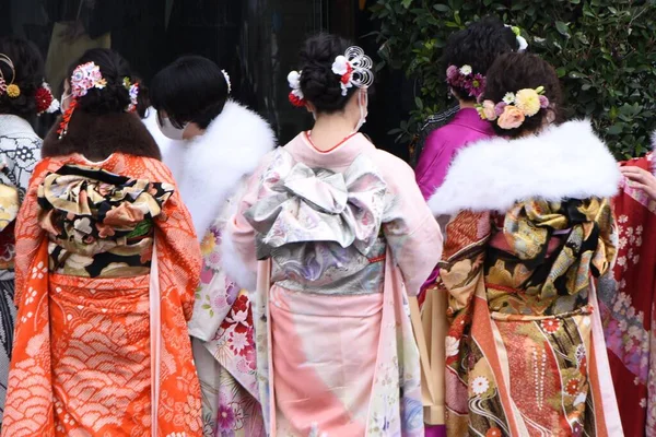 Girls Coming Age Ceremony Kimono Girls Prepare Kimono Known Furisode — стокове фото