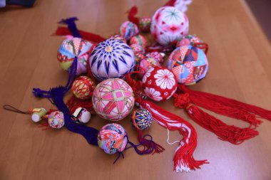 Traditional Japanese handball ( Japanese Temari ) .A ball of cotton wound tightly around with threads of many colors.