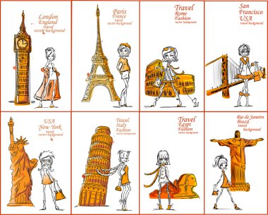 Fashion Cartoon Girl travels the world, vector background