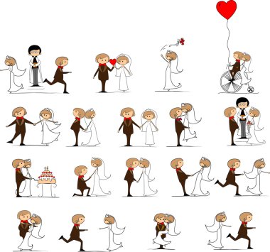 Düğün resimleri, gelin ve damat aşk, vektör kümesi