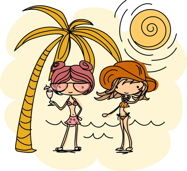 Chicas de dibujos animados en la playa — Vector de stock