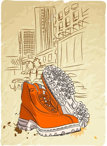 Stylish shoes at an abstract urban background — Stock Vector