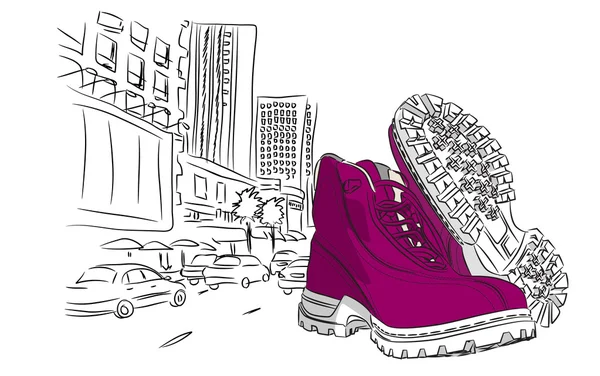 Modieuze schoenen in een abstracte stedelijke achtergrond — Stockvector