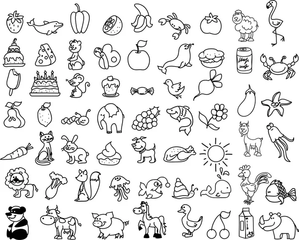 Conjunto de iconos infantiles de comida y animales — Vector de stock