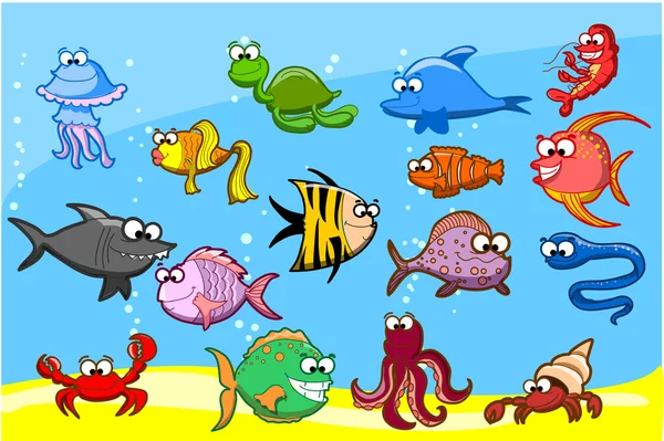 Zeichentrickfische im Meer, Vektorillustration — Stockvektor