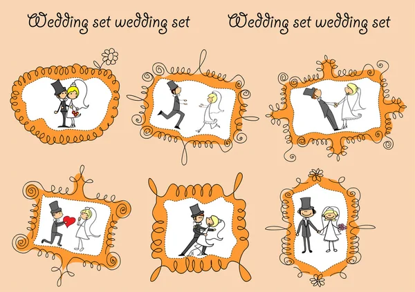 Fotos de casamento nos quadros doodle — Vetor de Stock