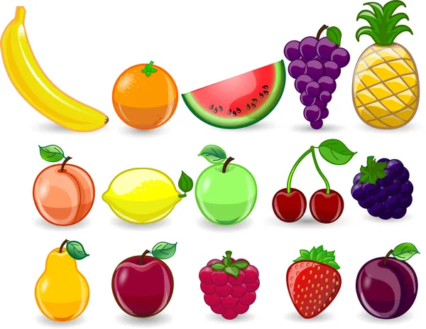 Naranja de dibujos animados, plátano, manzanas, fresa, pera, cereza, melocotón, ciruela, limón, uvas, sandía, frambuesa, piña — Vector de stock