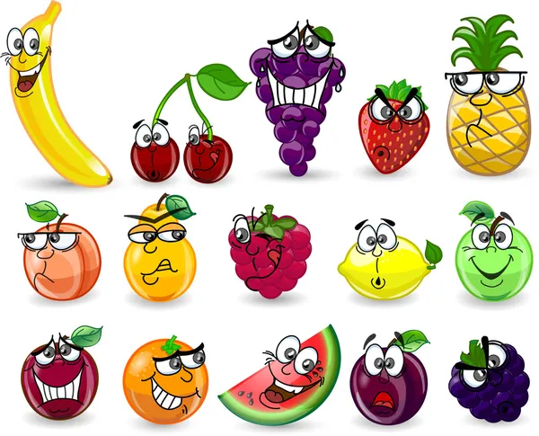 Desenhos animados laranja, banana, maçãs, morango, pêra, cereja, pêssego, ameixa, limão, uvas, melancia, framboesa — Vetor de Stock