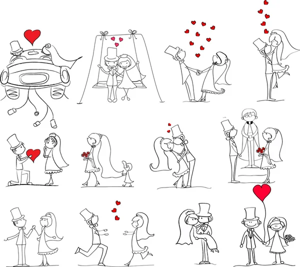 Conjunto de fotos de boda, novia y novio en el amor — Vector de stock