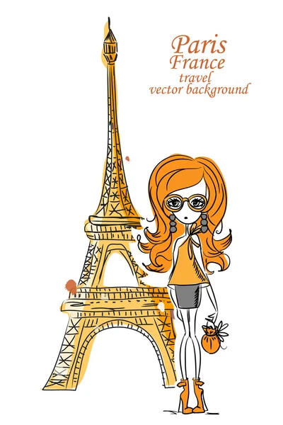 Moda chica de dibujos animados viaja por el mundo, vector de fondo — Vector de stock