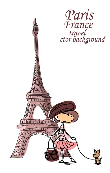Moda chica de dibujos animados viaja por el mundo, vector de fondo — Vector de stock