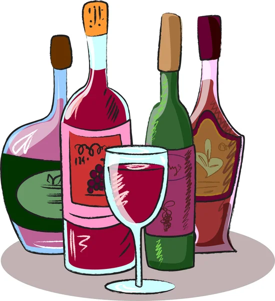 Colección vectorial de botellas de vino y una copa — Vector de stock