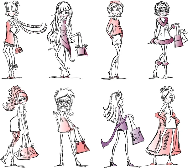 Desenhos animados meninas da moda — Vetor de Stock