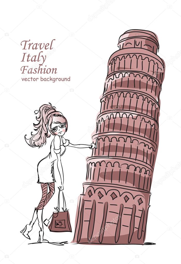 Fashion Cartoon Girl travels the world, vector background