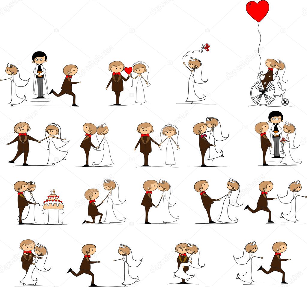 Set of wedding pictures, bride and groom in love, the vector