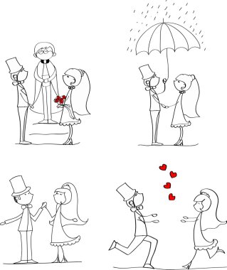 Düğün resimleri, gelin ve damat aşk, vektör kümesi