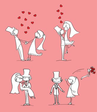 Düğün resimleri, gelin ve damat aşk, vektör kümesi