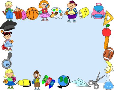 Cartoon students and school subjects, banner frame