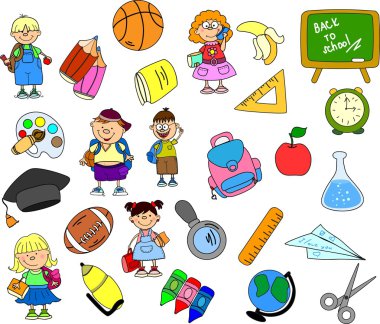 şirin bilirler ve kız öğrenciler, okul öğeleri,