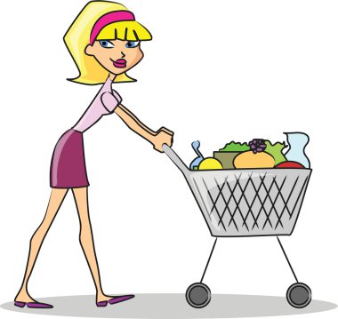 Girl with Shopping cart complete products from the supermarket clipart
