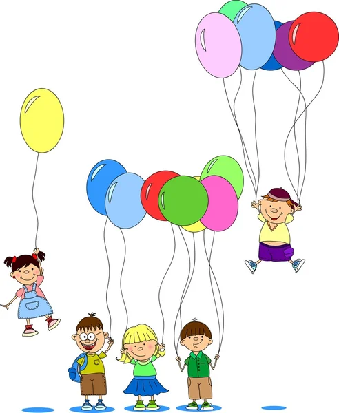 Los niños sostienen globos, tarjeta de felicitación, vector — Vector de stock