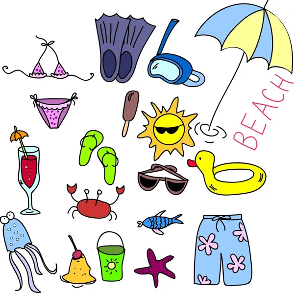 Conjunto de iconos de playa, dibujo infantil — Vector de stock