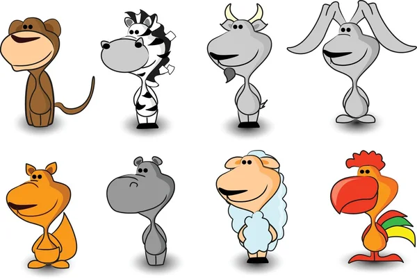 Nastavit roztomilá zvířata opice, zebry, koza, králík, klokan, hroch, ovce, kohout — Stockový vektor