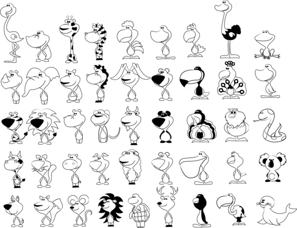 Conjunto de vectores de diferentes animales lindos, para colorear en blanco y negro — Vector de stock