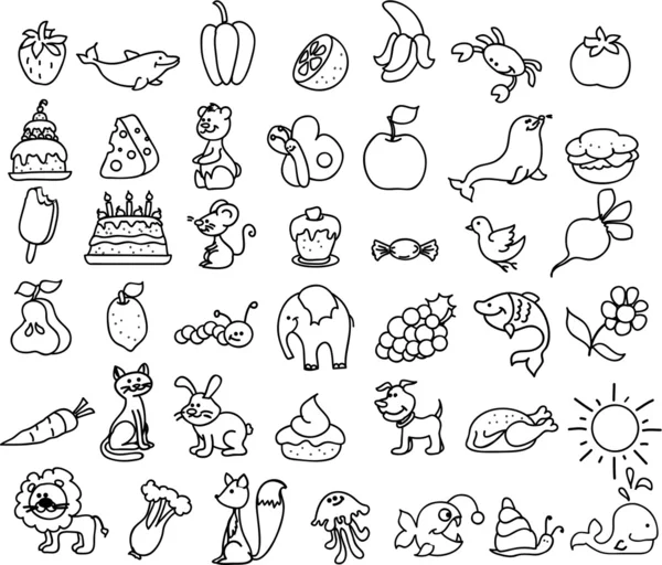 Iconos de dibujos animados de animales, comida — Archivo Imágenes Vectoriales