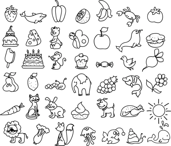 Iconos de dibujos animados de animales, comida — Vector de stock