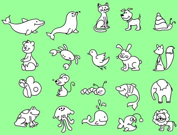 Set aus schwarz-weißen Tiersymbolen, Natur auf grünem Hintergrund — Stockvektor