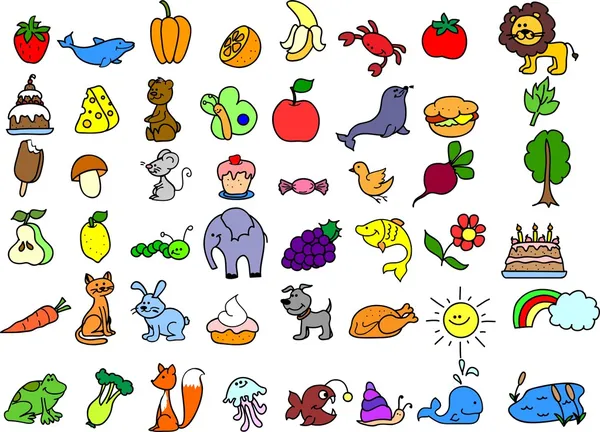 Icônes de dessins animés d'animaux, nourriture — Image vectorielle
