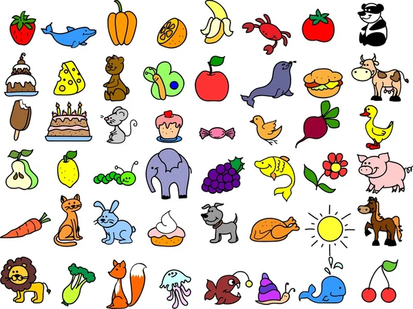 Iconos de dibujos animados de animales, comida — Vector de stock
