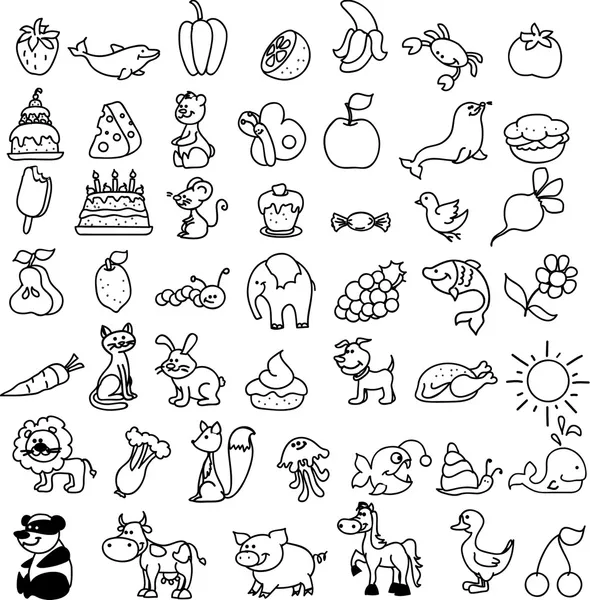 Iconos de dibujos animados de animales, comida — Vector de stock