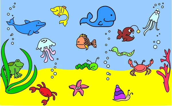 Deniz hayvanlarının çocuk simge kümesi — Stok Vektör