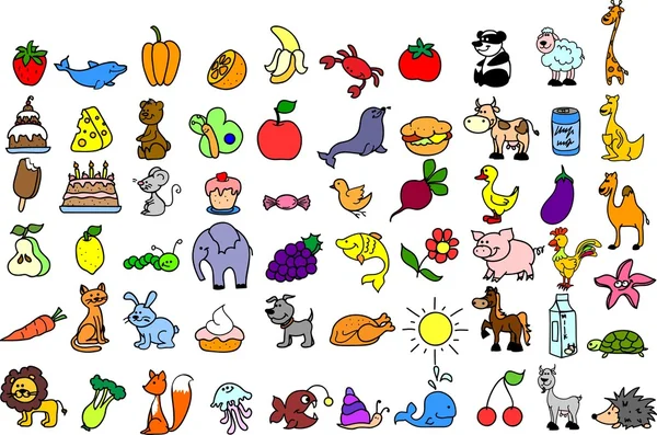 Cartoon icons of animals, food — Stock Vector