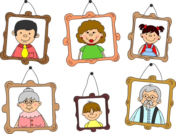A család tagjai, anya, apa, lánya, fia, nagyszülők portrék — Stock Vector