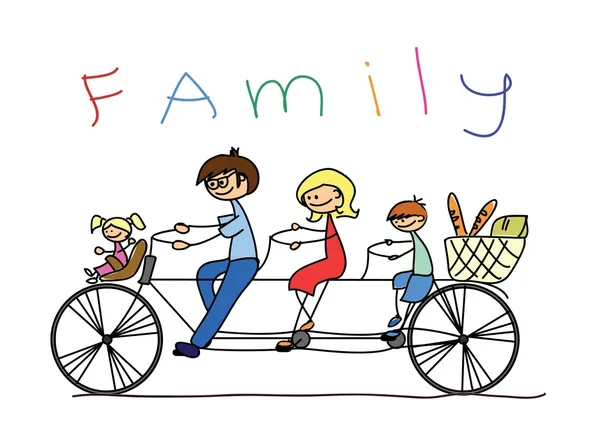 Dibujo del niño de la familia en una bicicleta, vector — Archivo Imágenes Vectoriales