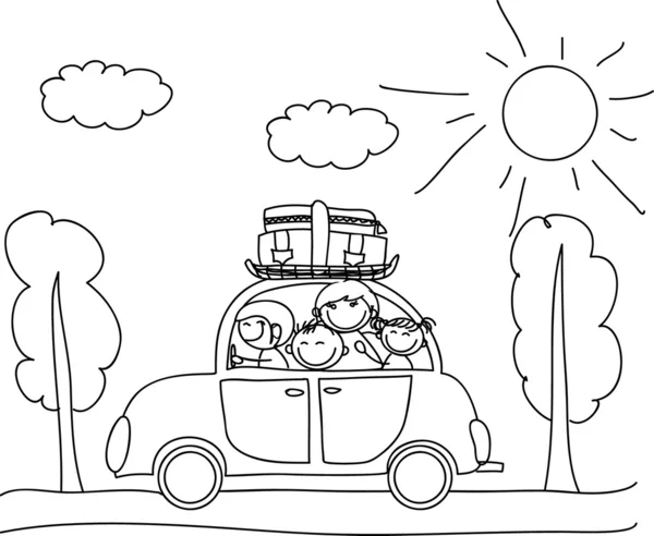 Familia feliz va de vacaciones en coche, para colorear en blanco y negro — Archivo Imágenes Vectoriales