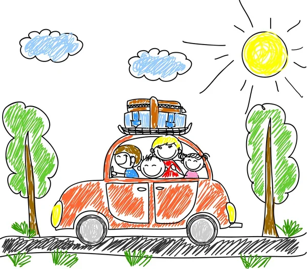 Ευτυχισμένη οικογένεια συνεχίζεται διακοπές με αυτοκίνητο — Διανυσματικό Αρχείο